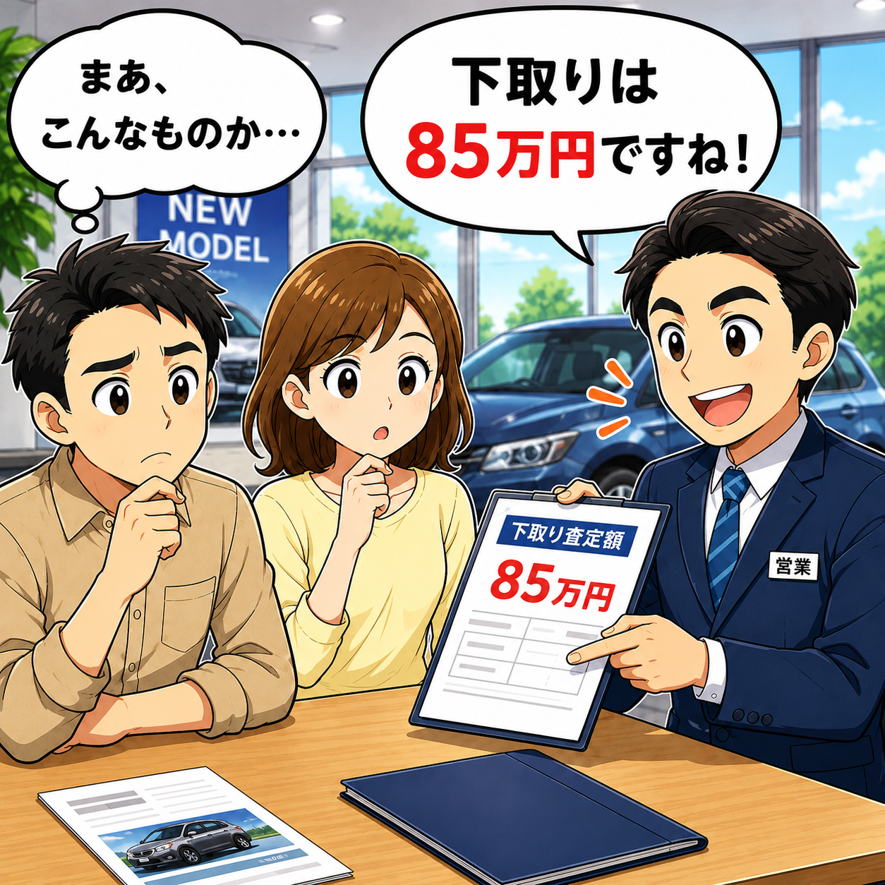 ディーラーで下取りは85万円ですと提示される場面
