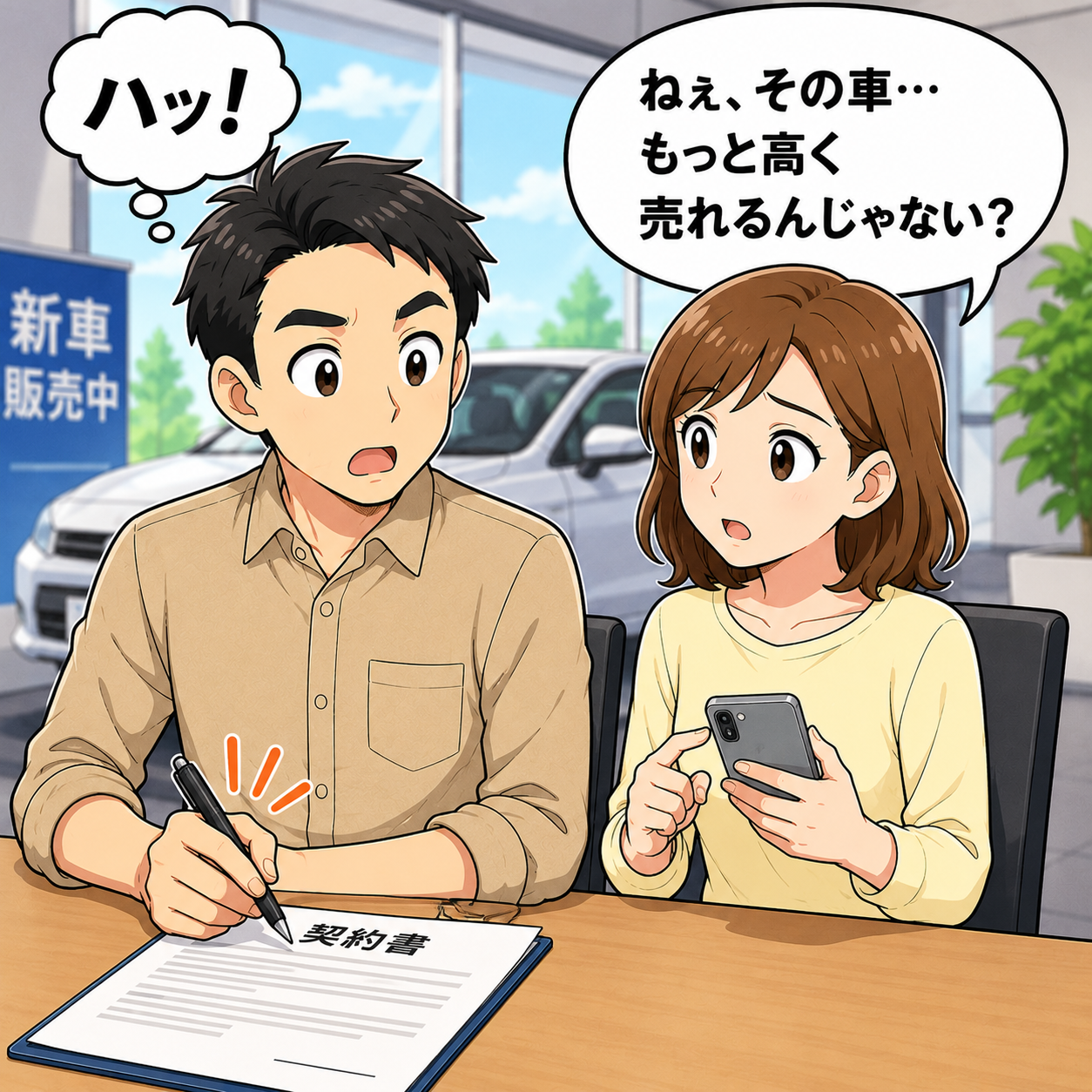 その車もっと高く売れるんじゃない？と指摘される場面