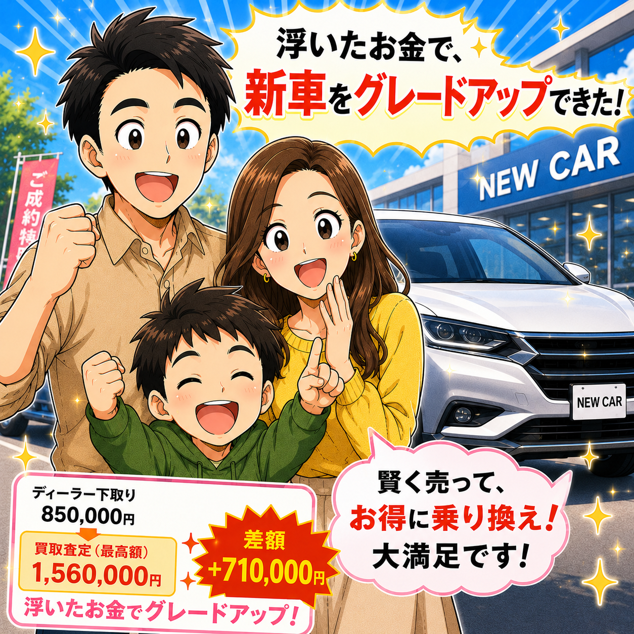 浮いたお金で新車をグレードアップできた家族の場面